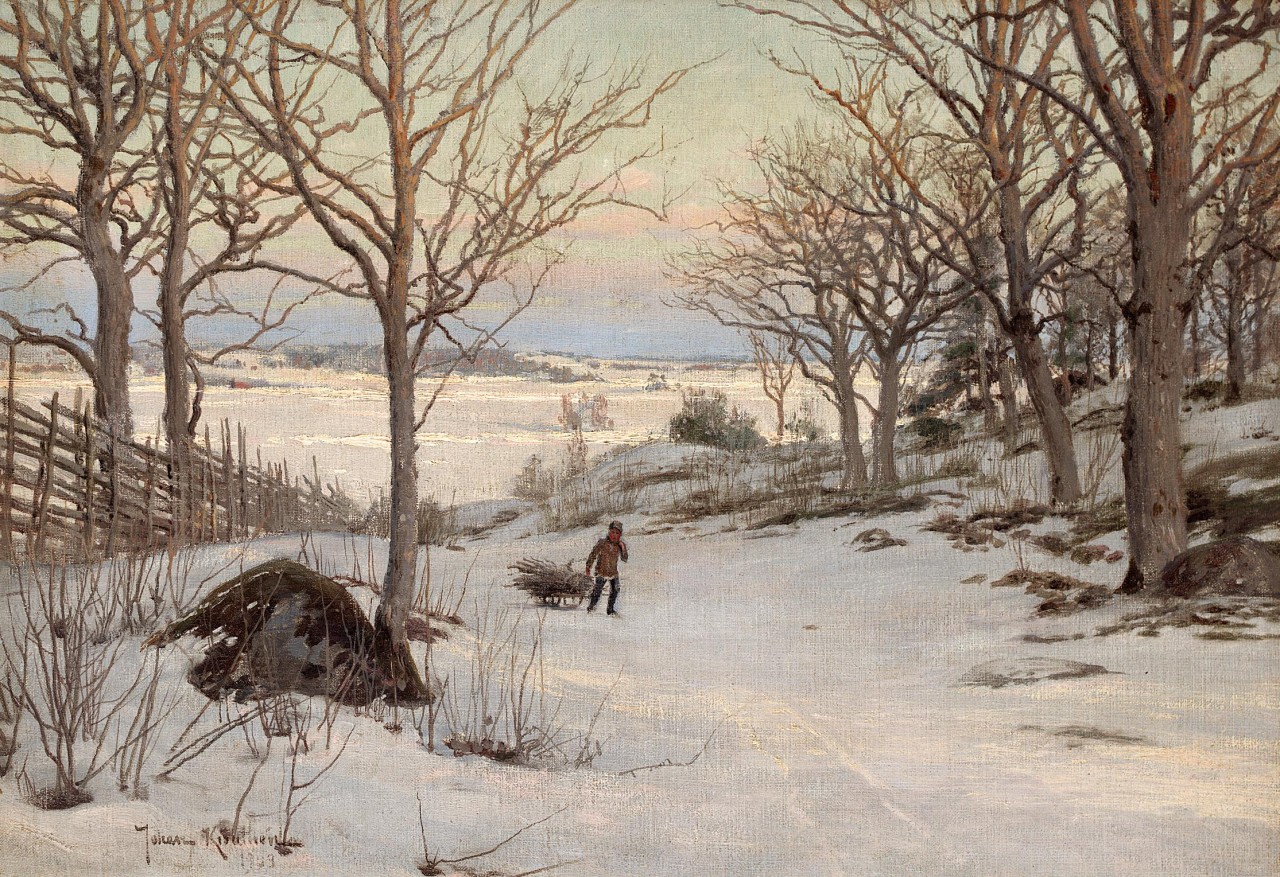 Pojke med släde i vinterlandskap 1909, Bukowskis