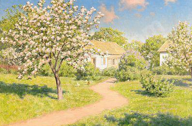 Gårdsidyll med blommande äppelträd