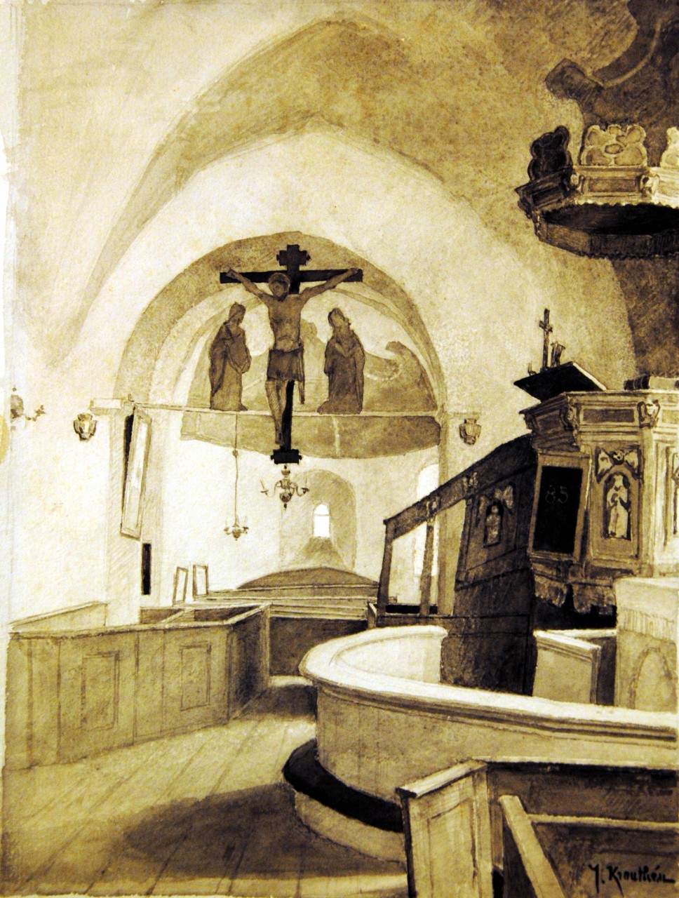 Akvarell av Östra Tollstad kyrka, före 1885, Östergötlands museum