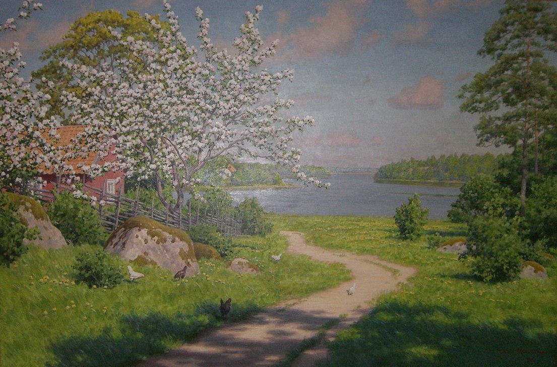 Torp med blommande fruktträd och sjö 1924, privat ägo
