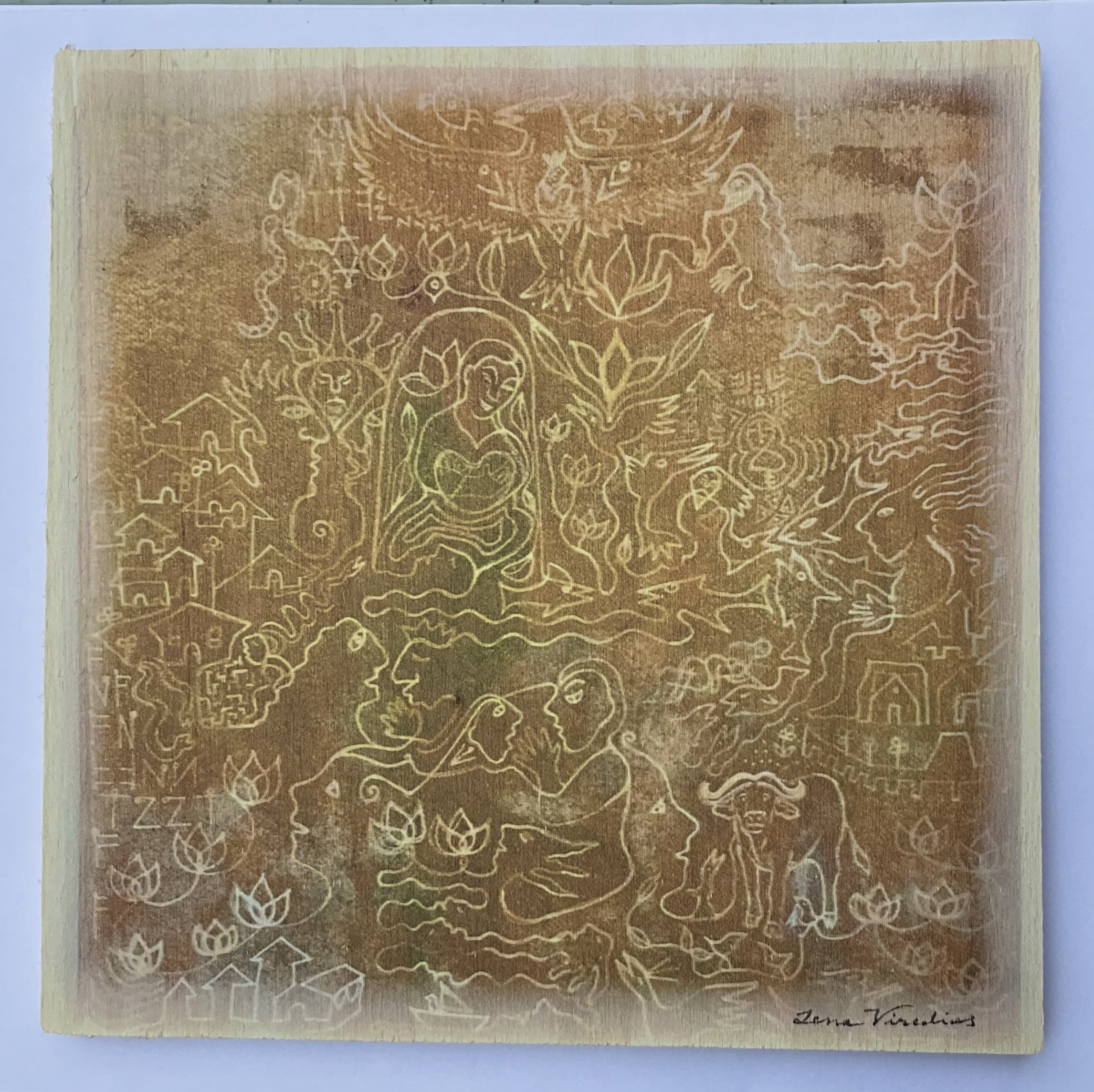 Målning * GARDEN * av Lena Viredius tryckt på liten träplatta 20x20 cm