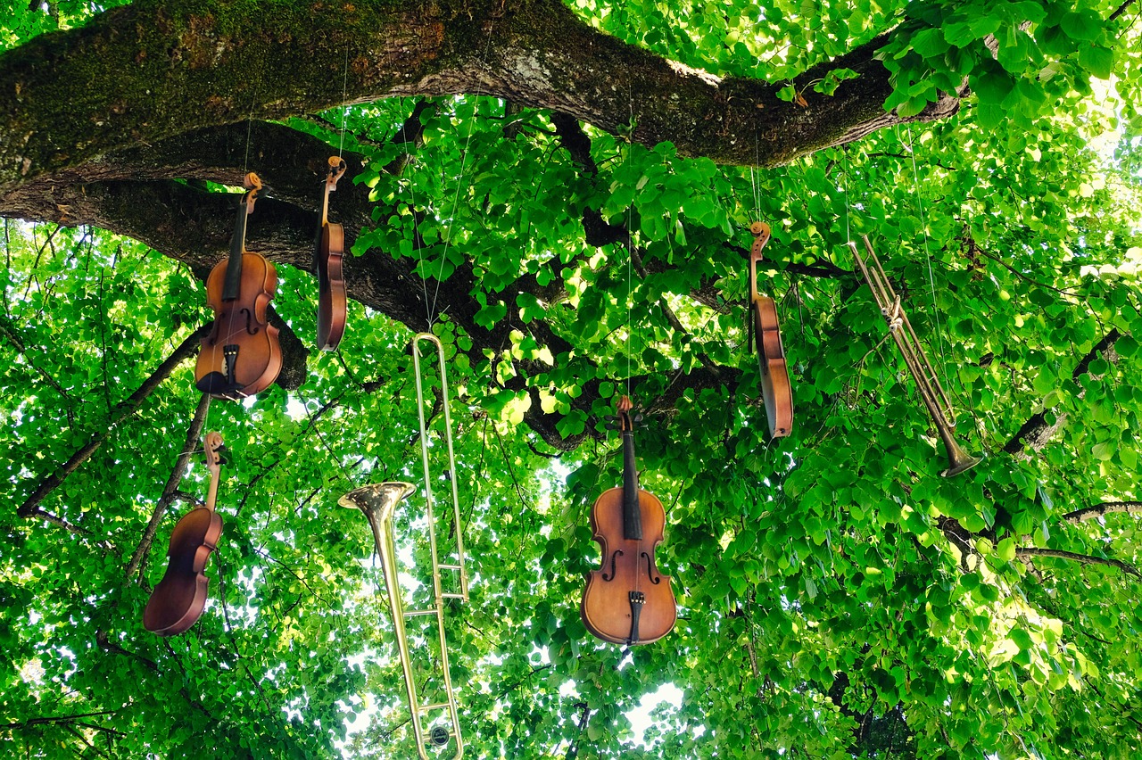 Violiner, trombon och trumpet hänger i ett grönt lövträd.