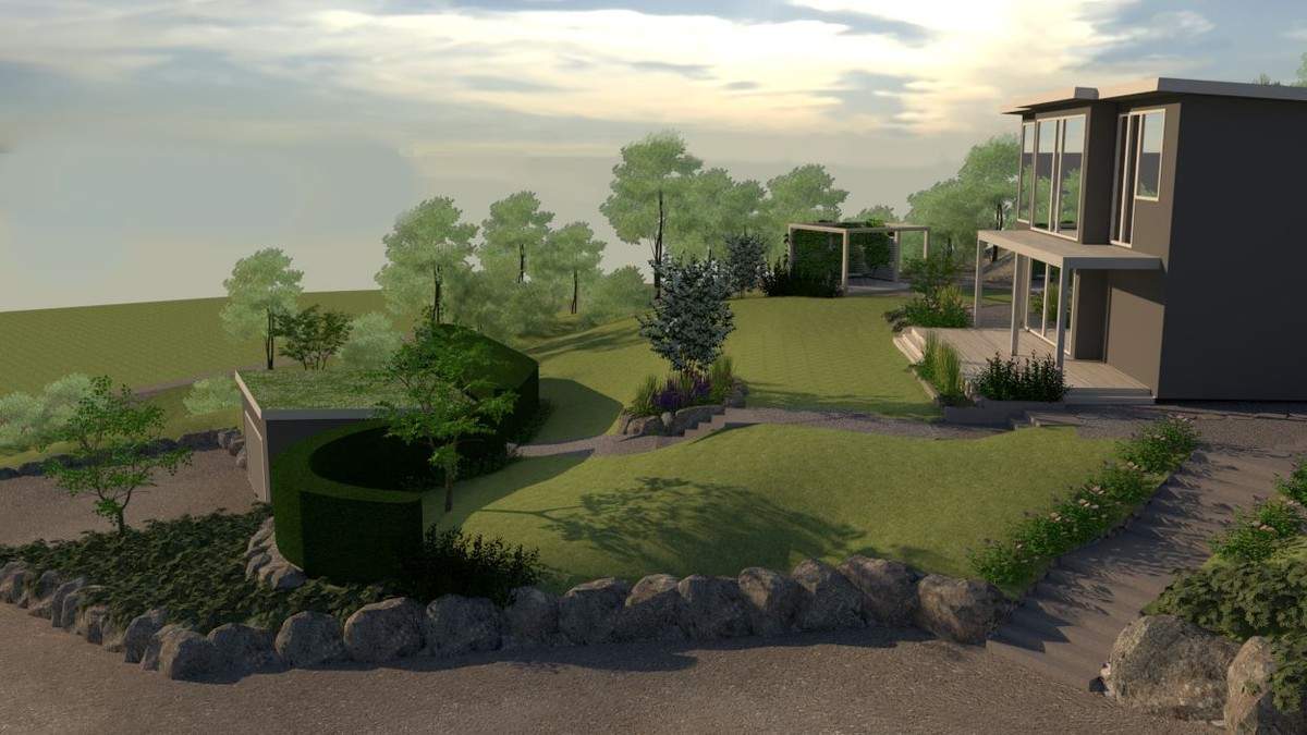 Visionsbild över en trädgård med slänt som skapas