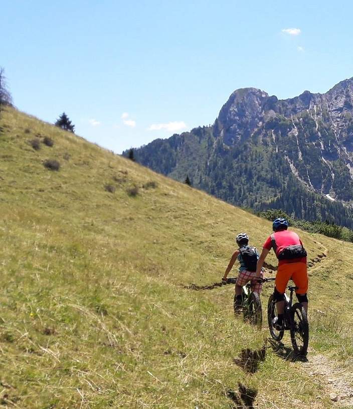 två cyklister cyklar på vandringsstig omsluten gräsängar och de höga bergen