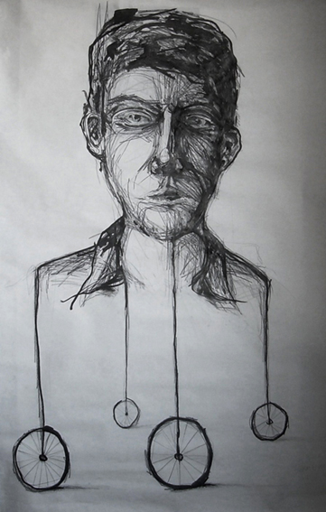 SELF-PORTRAIT ON WHEELS | lyijykynä ja muste | pencil and ink | 121 x 83 cm | 2007