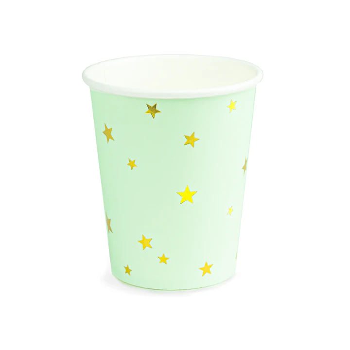 Žydras puodelis su aukso žvaigždutėmis