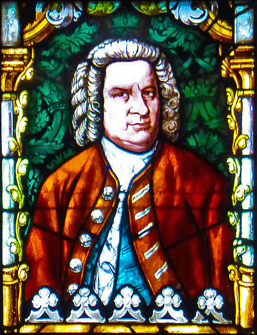 Porträtt av Johann Sebastian Bach i mosaikfönster i Tomaskyrkan i Leipzig.