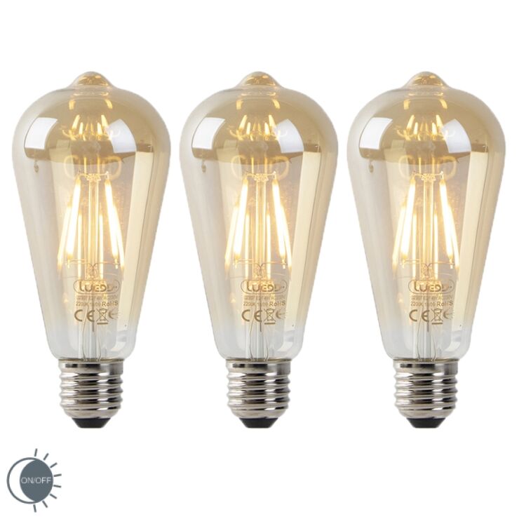 3 LED lempučių E27 rinkinys aukso spalvos/su šviesos-tamsos jutikliu 4W/400lm/2200K