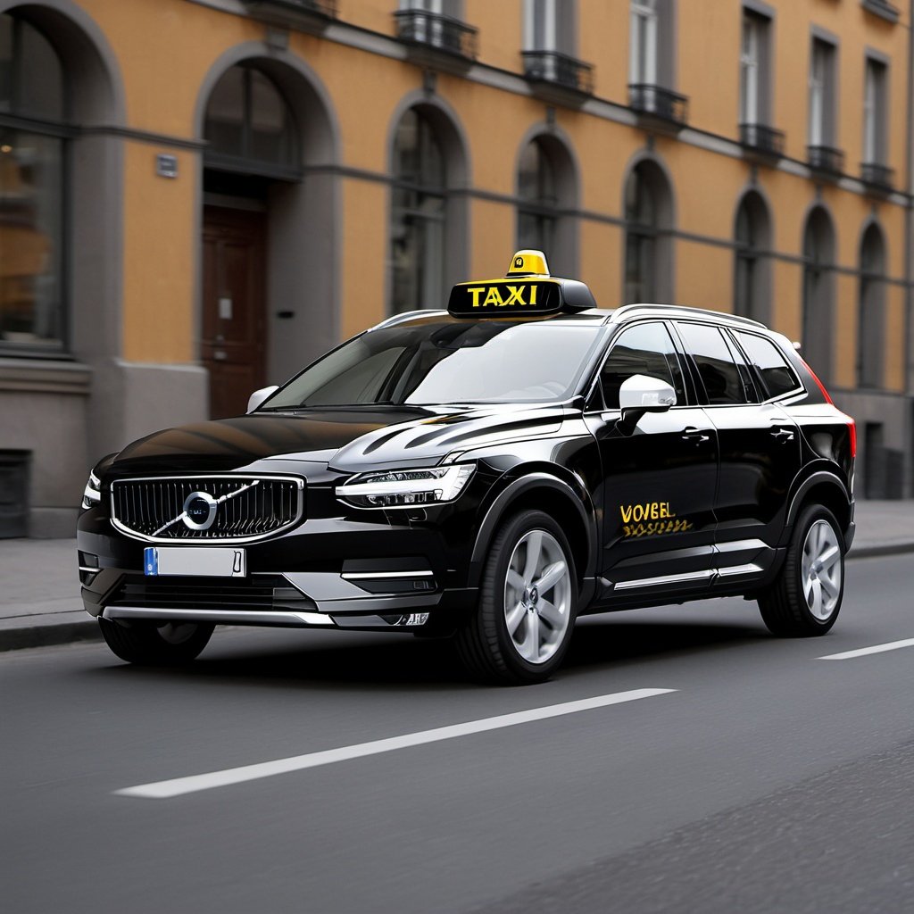 Two people dressed as fictional characters stand near a black Volvo at night