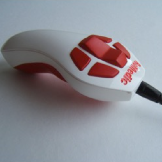 A white and red controller with big buttons.