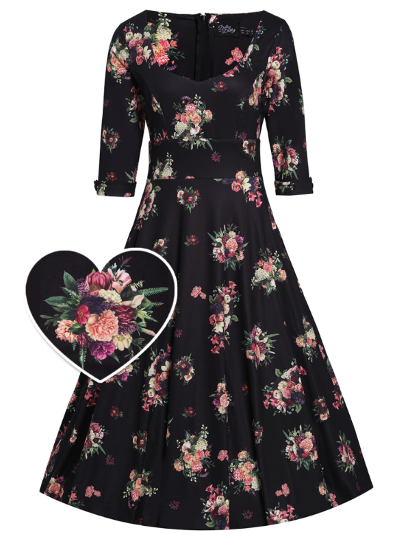 Dolly&Dotty Scarlette  Black floral mid stretchy dress