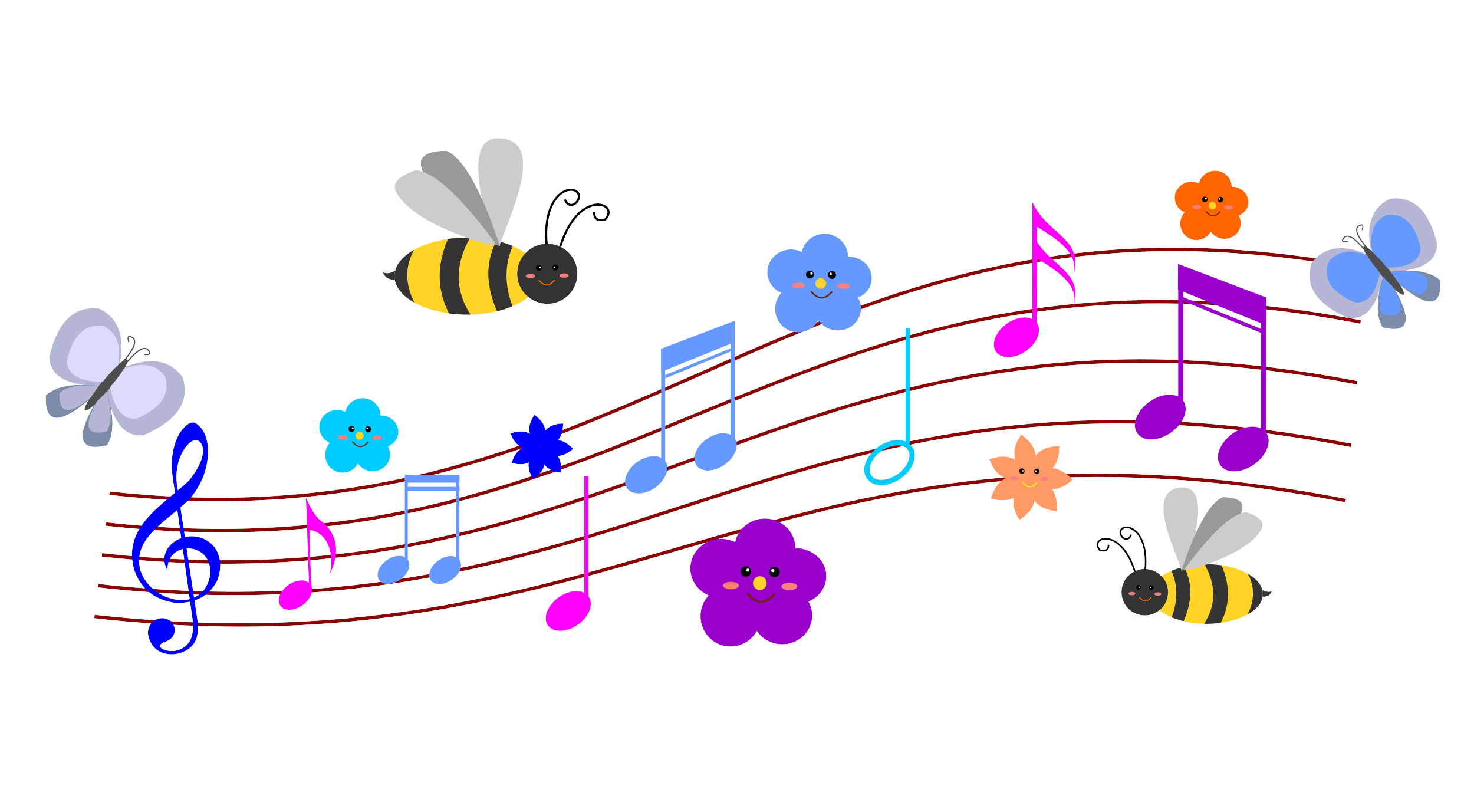 Färgglad illustration med nottecken på bågformade notlinjer. Blommor med ögon, näsa, mun samt bin och fjärilar runt noterna.