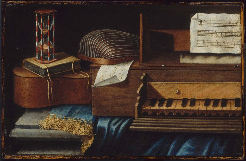 1600-talsmålning med ett klaverinstrument, luta, notark, timglas, bok, blått tygstycke med guldgul frans, del av ett sträng- eller stråkinstrument.